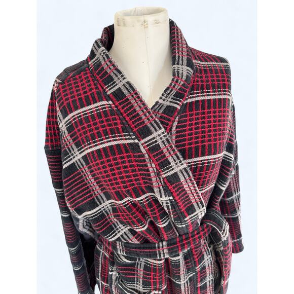 Men's Plush Terry Cloth Robe Majestic International One Size Red Plaid Luxurious - Picture 5 of 8